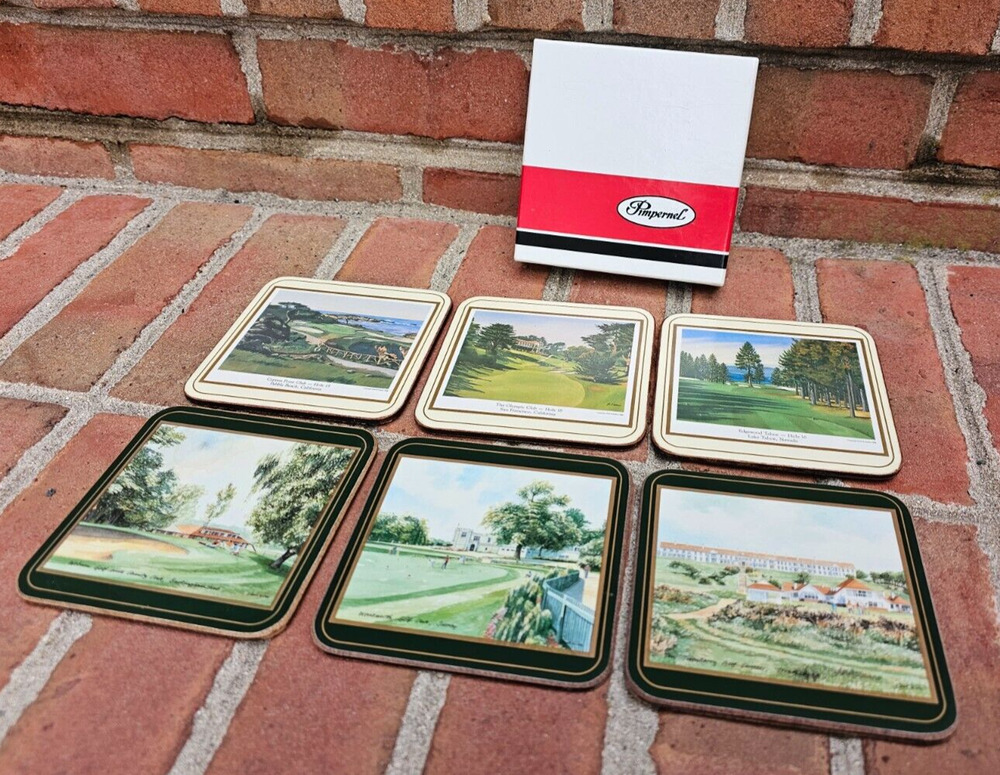 Pimpernel Cork Back Coaster Set Of 6 USA Golf Courses Dost & Evans 1988 England